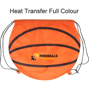 A vibrant orange ball-shaped drawstring backpack with black stripes and a logo.