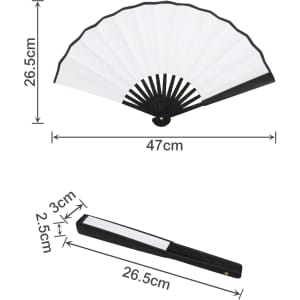 An 8-inch bamboo fabric hand fan with white fabric and a black frame, folded and unfolded, featuring a logo.