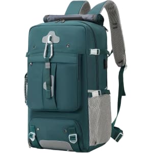 A teal convertible backpack and duffel bag with multiple pockets, adjustable straps, and a roll-top feature.