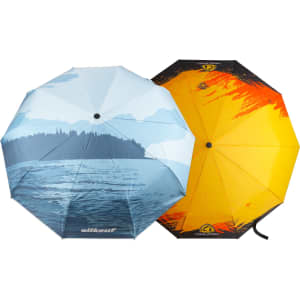 A folding ten-panel umbrella featuring a blue mountain and lake design on one side, and an orange and black abstract design on the other.