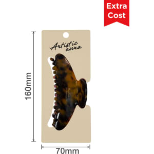 Acetate hair clip in a tortoiseshell pattern, packaged on a branded backing card. Dimensions: 160mm x 70mm.