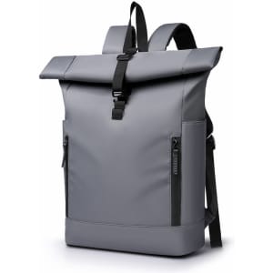 A grey roll top laptop backpack with adjustable straps and side zip pockets, featuring a logo on the front.