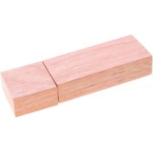 A rectangular wooden flash drive in a light wood finish, featuring a simple design with a branding logo.