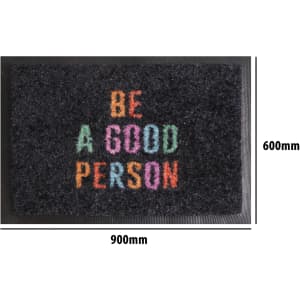 A black nylon logo mat featuring multi-coloured text. Measures 900mm by 600mm.