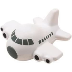 A white aircraft-shaped stress reliever with black details, designed for fun and games. It features a logo.