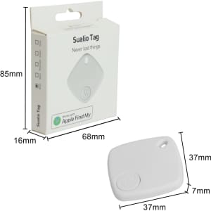 A white Locator Smart Tag in its packaging, featuring dimensions and a logo, designed for tracking items.