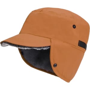A thickened earflap hat in orange with a grey fur lining and buttons on the sides. It features a wide brim.