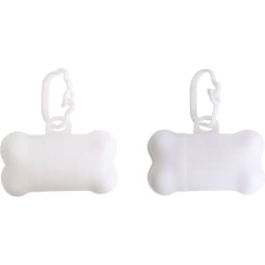 A white bone-shaped pet waste bag dispenser with a clip for easy attachment. It features a simple, smooth design.
