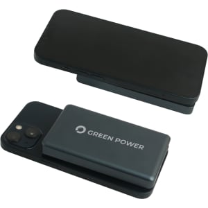 A 10000mAh aluminium magnetic power bank in dark grey, positioned alongside a smartphone. The power bank has a logo.