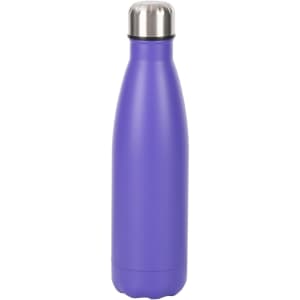 A drink bottle in a vibrant purple colour with a stainless steel cap and a sleek double wall design.