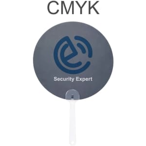 A custom-shaped hand fan with a round grey surface and a white handle, featuring a logo.