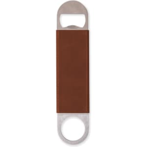 A drink bottle opener featuring a stainless steel end and a brown leather grip, with a logo on the leather.