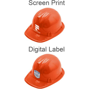 An orange PVC construction hat with a logo, displayed from two angles, one featuring a screen print and the other a digital label.