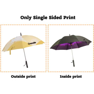 A sport umbrella in yellow and black, featuring a fan and a logo, with inside and outside prints visible.