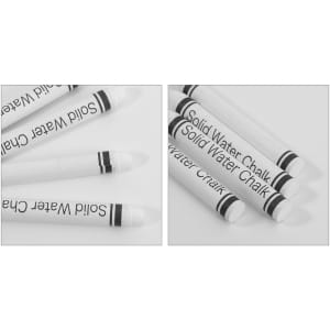 A set of white chalk sticks with black bands, featuring various labels, arranged neatly on a light background.