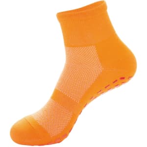 Bright orange crew socks with gripper soles, featuring a textured design and a logo.