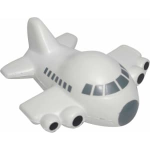 A white aircraft-shaped stress reliever with grey detailing, featuring multiple engines and a rounded nose.