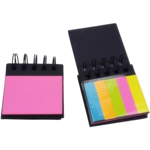 A 4-layer recycled sticky notepad with pink, yellow, and blue sections. It features a black spiral binding.