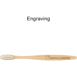 A large bamboo toothbrush with a light brown colour and a white bristle head, featuring a logo.
