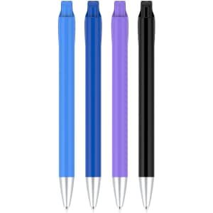 Four plastic pens in blue, dark blue, purple, and black, each with a silver tip and a branding logo.