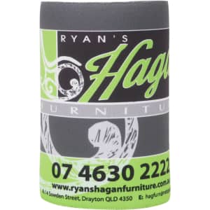 A grey stubby holder featuring a logo and green text, designed to keep drinks cool.