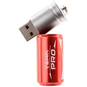 A red can-shaped flash drive with a silver USB connector on top. It features a logo on the can.
