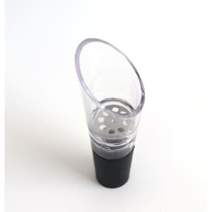A wine aerator in clear plastic with a black base, featuring a perforated insert for aeration.