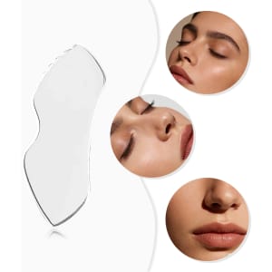 A clear customised Gua Sha board with smooth edges, showcased alongside close-up images of radiant skin.