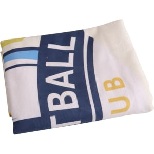 A folded sports towel in white with blue and yellow accents, featuring a logo.