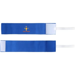 A pair of blue stretchy armbands with a branding logo and a Velcro fastening.
