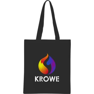 A black cotton tote bag with long handles featuring a colourful logo design.
