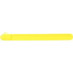 A yellow silicone slap band flash drive with a rounded end and a logo.