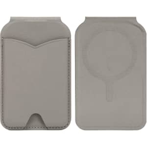 A grey PU magnetic card holder featuring a mirror and a slim design with rounded edges.