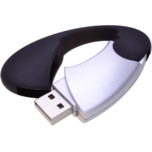 An oval-shaped clip flash drive in black and silver, featuring a built-in clip and USB connector.