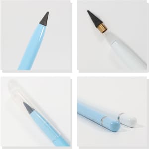 A collection of pencils in light blue and white, featuring various tips and designs, including a gold accent.