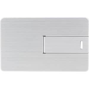 A small, silver alloy card-shaped flash drive with a sliding mechanism. It features a brushed metallic finish.