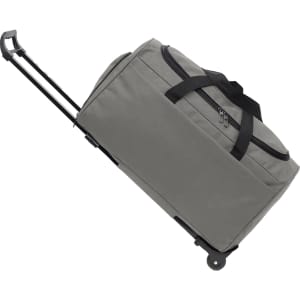 A wheeled duffel bag in grey, featuring a telescopic handle and reinforced straps. It has a logo on the side.
