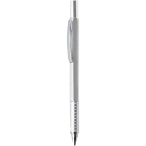A metallic silver multi-function pen with a textured grip and a clip, featuring a logo.