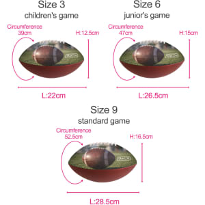 Promotional American footballs in three sizes: children's, junior, and standard, featuring a textured surface and a logo.