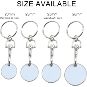 A keyring featuring a printed trolley coin, available in four sizes: 20mm, 23mm, 25mm, and 28mm. Includes a metal clasp.