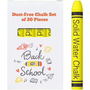 A box containing 20 pieces of yellow dust-free chalk with a window showing the sticks. The packaging features playful designs.