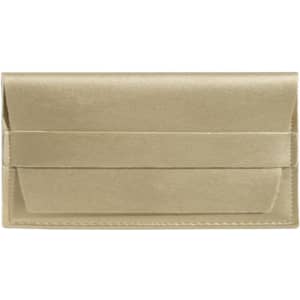 A gold PU leather glasses pouch with a sleek design and a secure band closure. It has a simple logo.