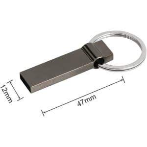A metal USB flash drive in silver, featuring a keyring attachment for portability.