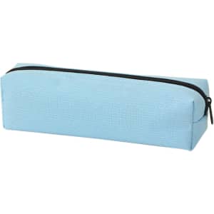 A light blue pencil case featuring a zip closure, with a simple design and a branding logo.