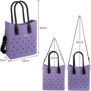 A purple tote bag with perforations, featuring black handles and a detachable strap. Dimensions included in the image.