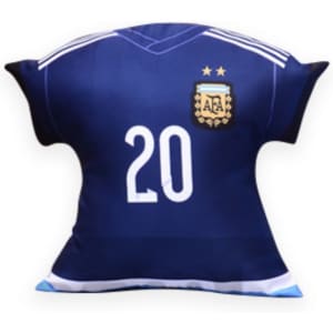 A custom pillow shaped like a football shirt, featuring blue and white colours with a logo and the number 20.