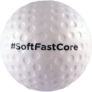A white golf ball-shaped stress reliever with textured dimples and a logo printed on it.