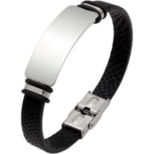 An engraved leather bracelet featuring a polished metal plate and a textured black band.