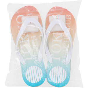 EVA classic thongs in gradient shades of orange and blue, packed in clear plastic. Features a logo on the footbed.