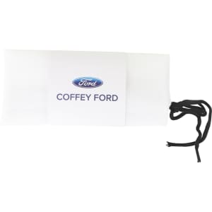 A white produce bag with a black drawstring and a branded label.